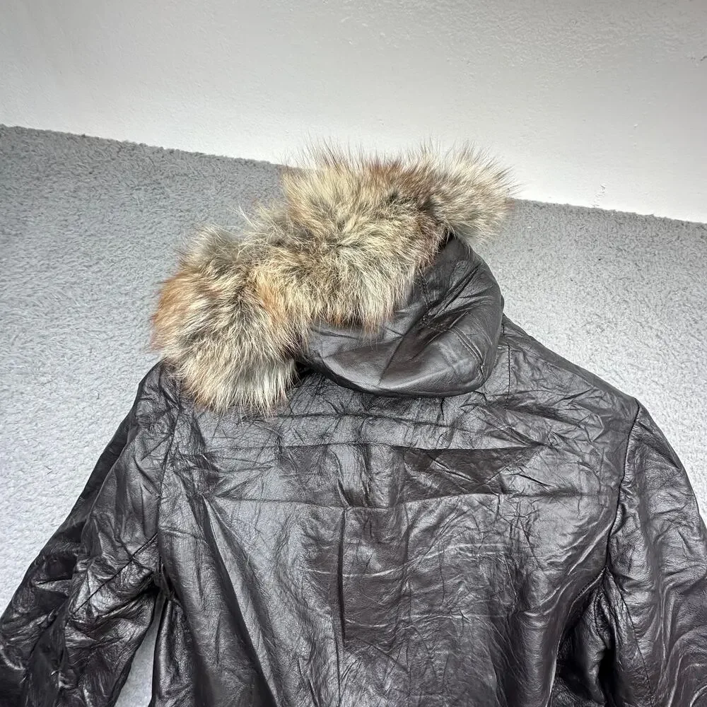 Vintage 60s 70s Genuine Leather Fur Trim Trench Belted Coat Womens Small Hooded